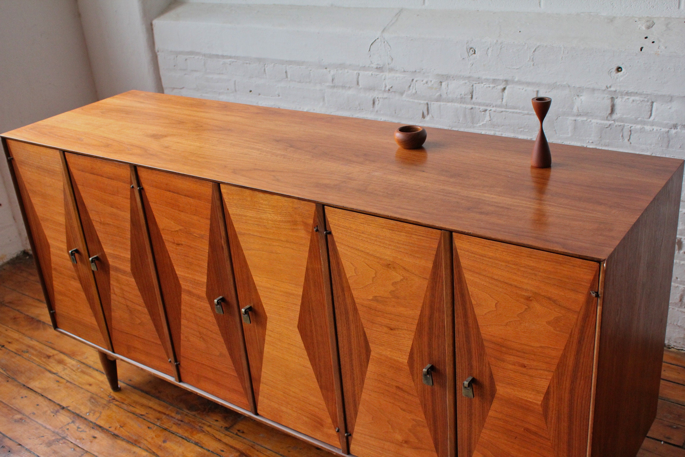 Restored Mid Century Walnut Credenza with Bronze Pulls by Ramseur Furniture