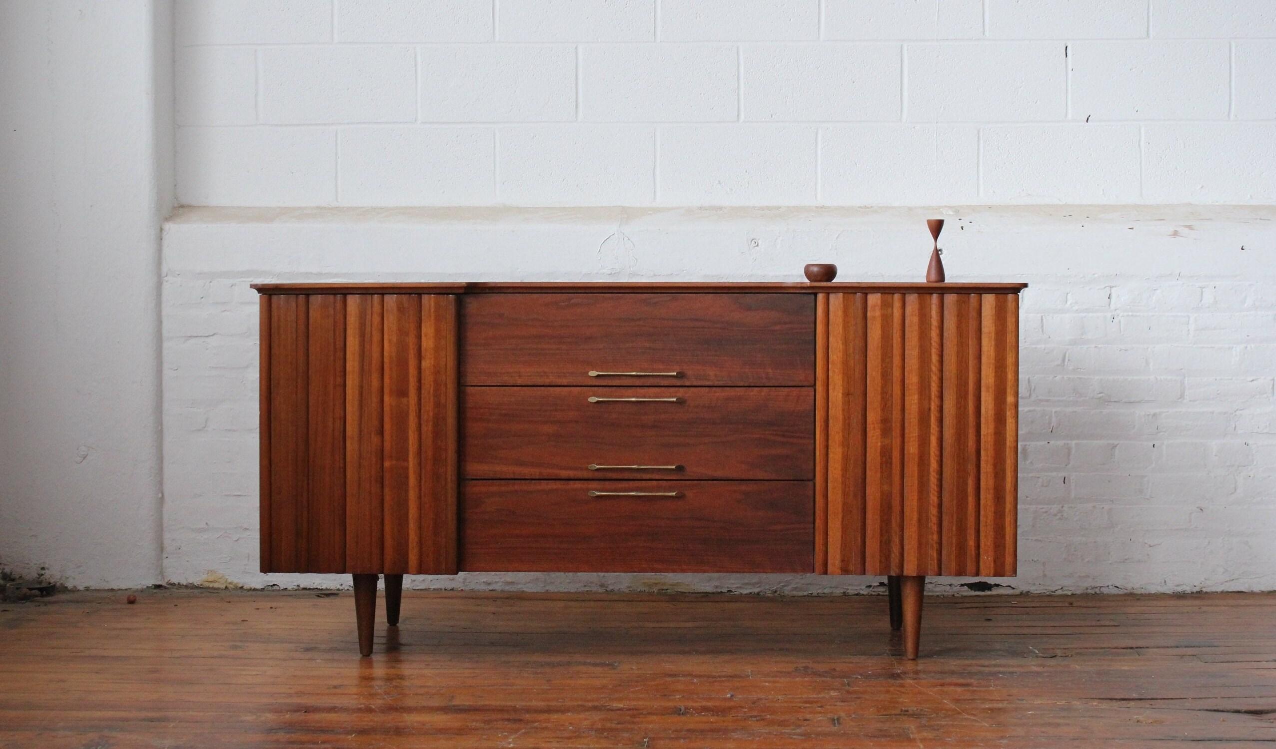 Restored Walnut Mid Century Credenza with Brass Bone Pulls