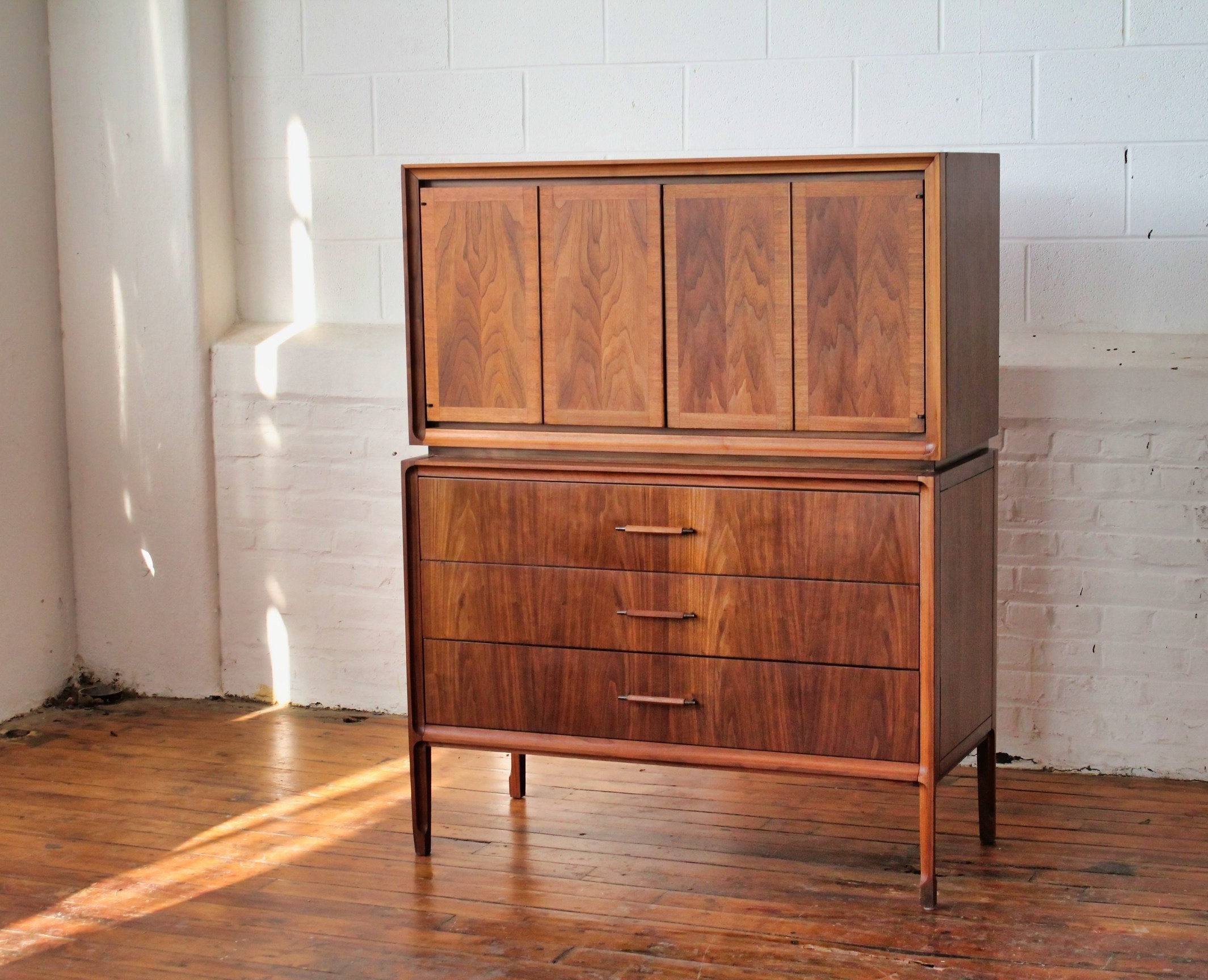 Restored Mid Century Walnut Highboy by United Furniture
