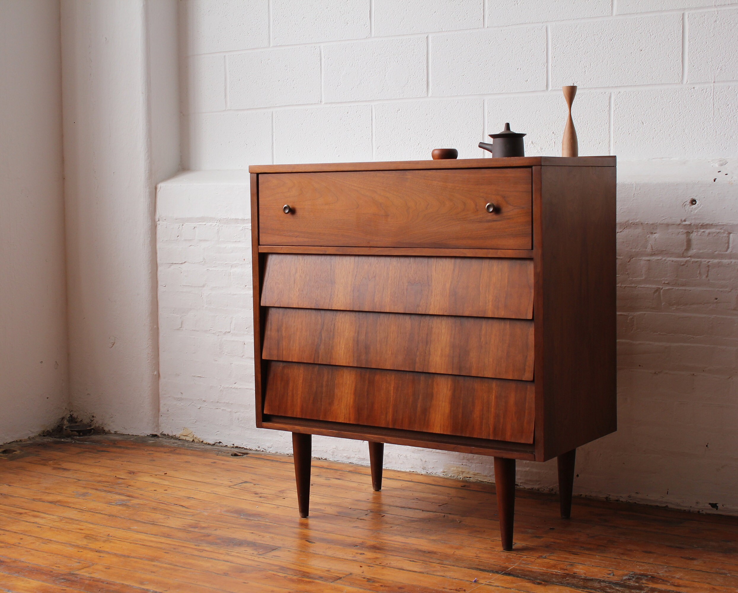 Restored Louvered Walnut Mini Dresser By Harmony House