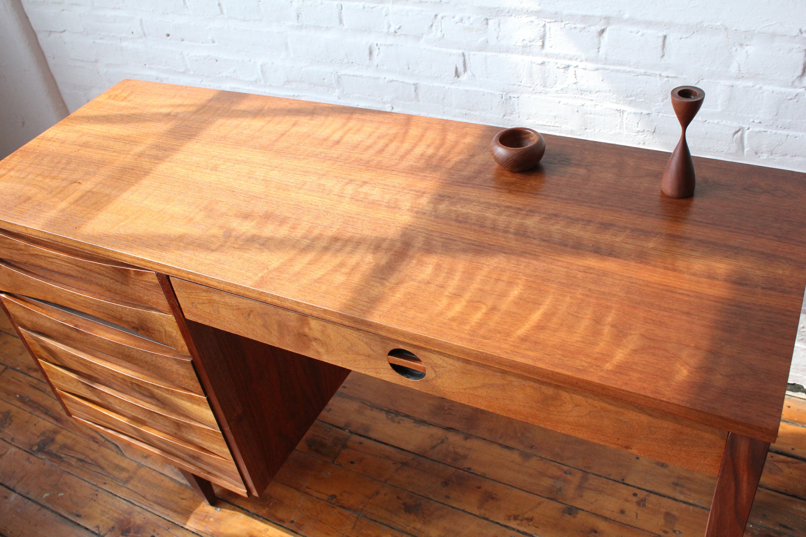 Restored Mid Century Modern Walnut Pedestal Desk by West Michigan