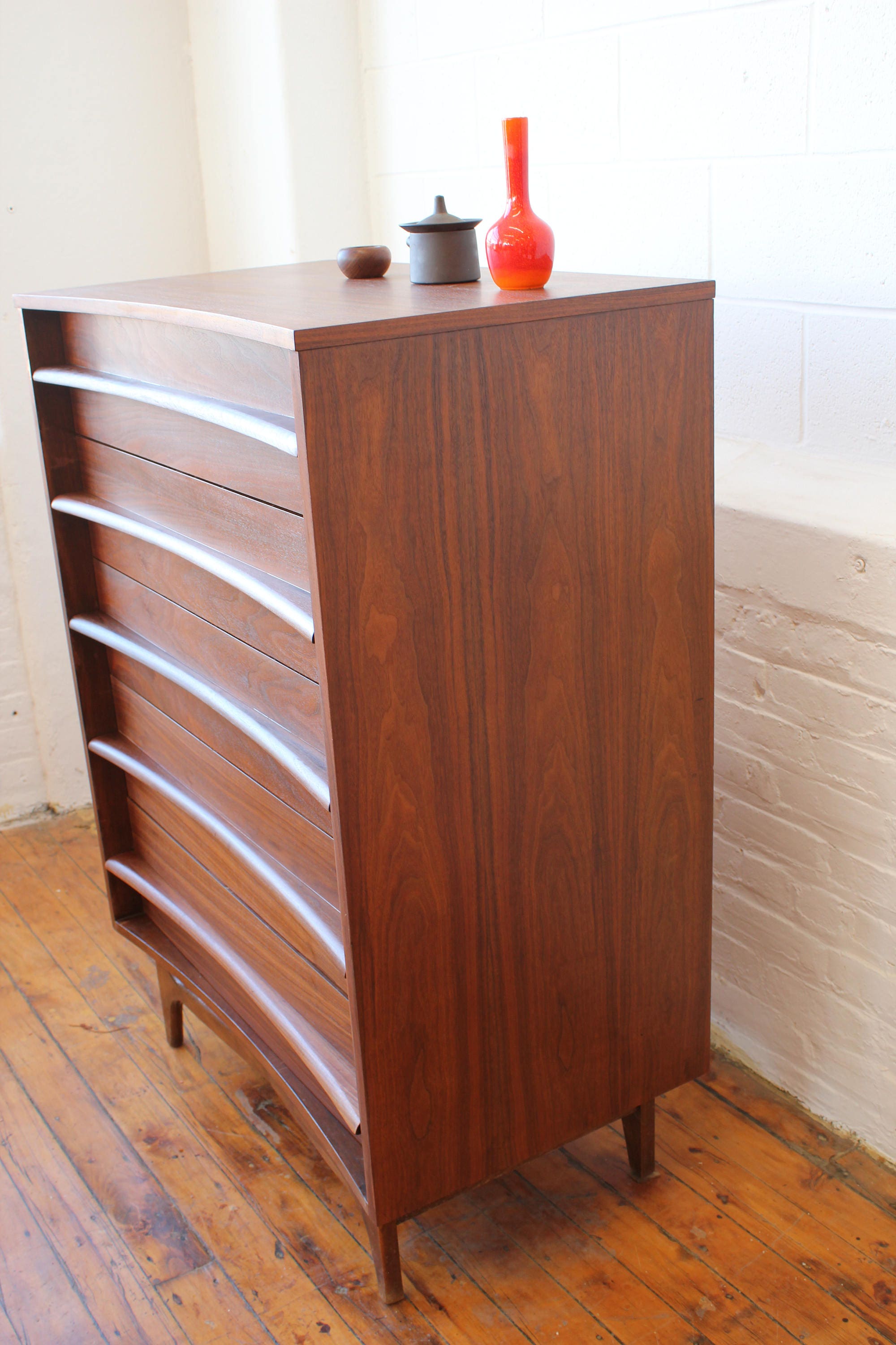 MCM Walnut BowFront Highboy Dresser by Young Mfg. Co.