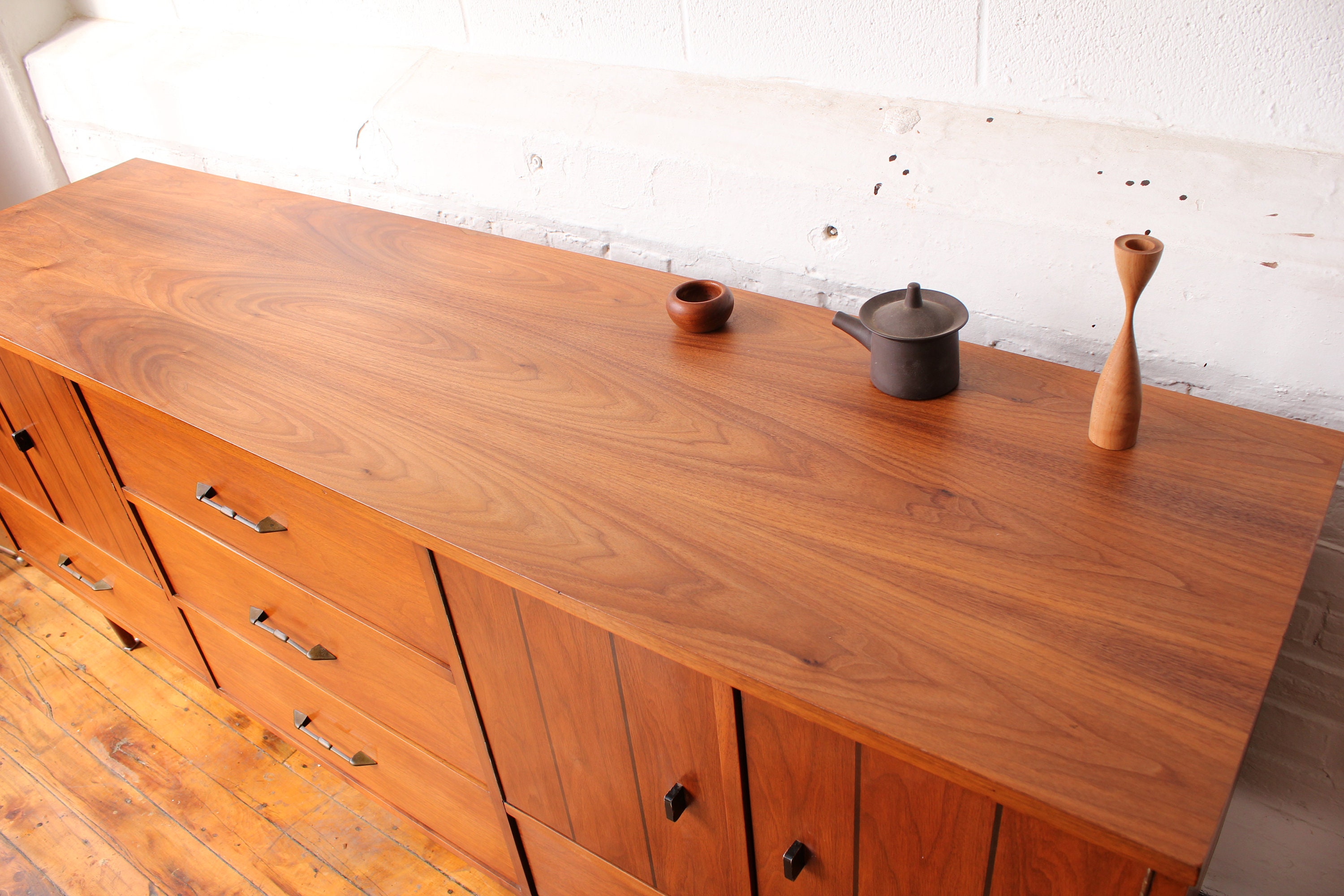 Mid Century Modern Walnut Dresser with Brass Pulls and Ebonized Tabs