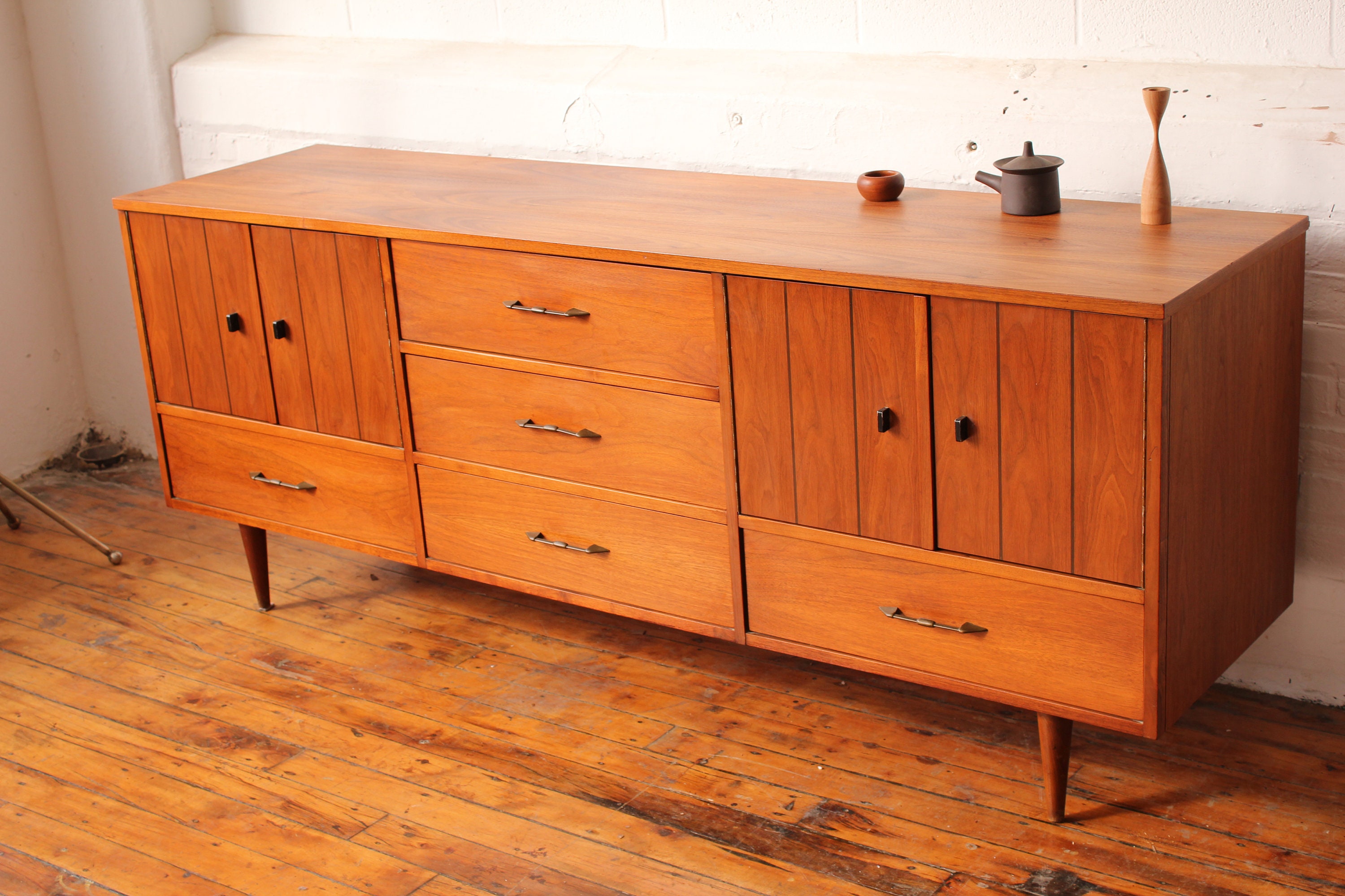 Mid Century Modern Walnut Dresser with Brass Pulls and Ebonized Tabs