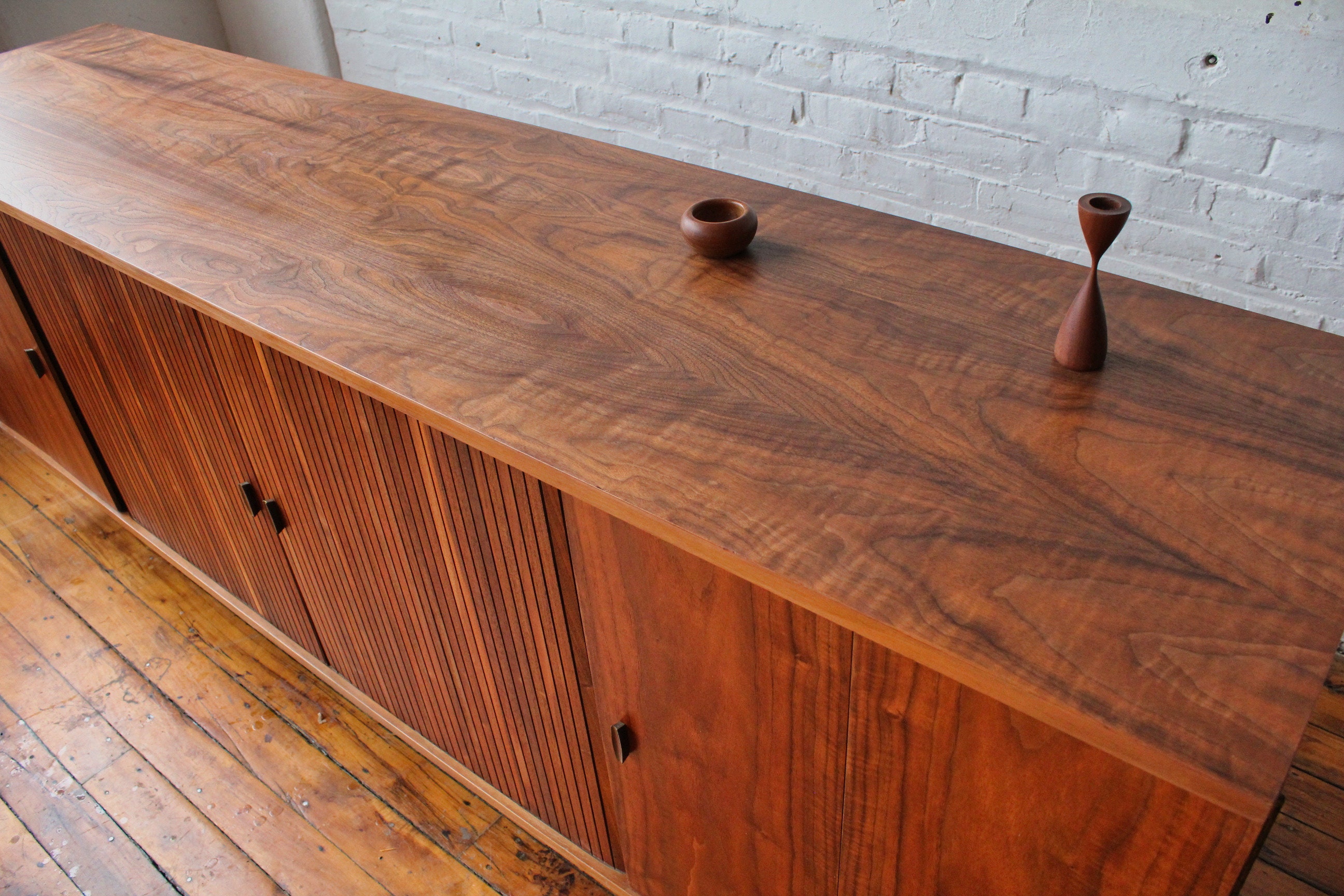 Restored Mid Century Modern Tambour Door Walnut Credenza