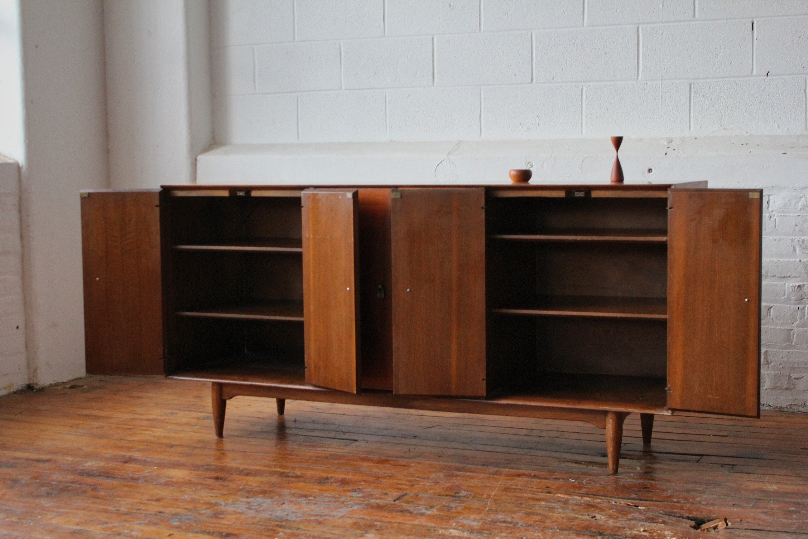Restored Mid Century Walnut Credenza with Bronze Pulls by Ramseur Furniture