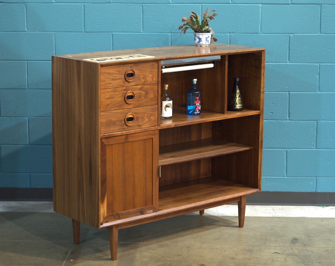 Restored Walnut Mid Century Free Standing Wall Unit with Custom Inlaid Art