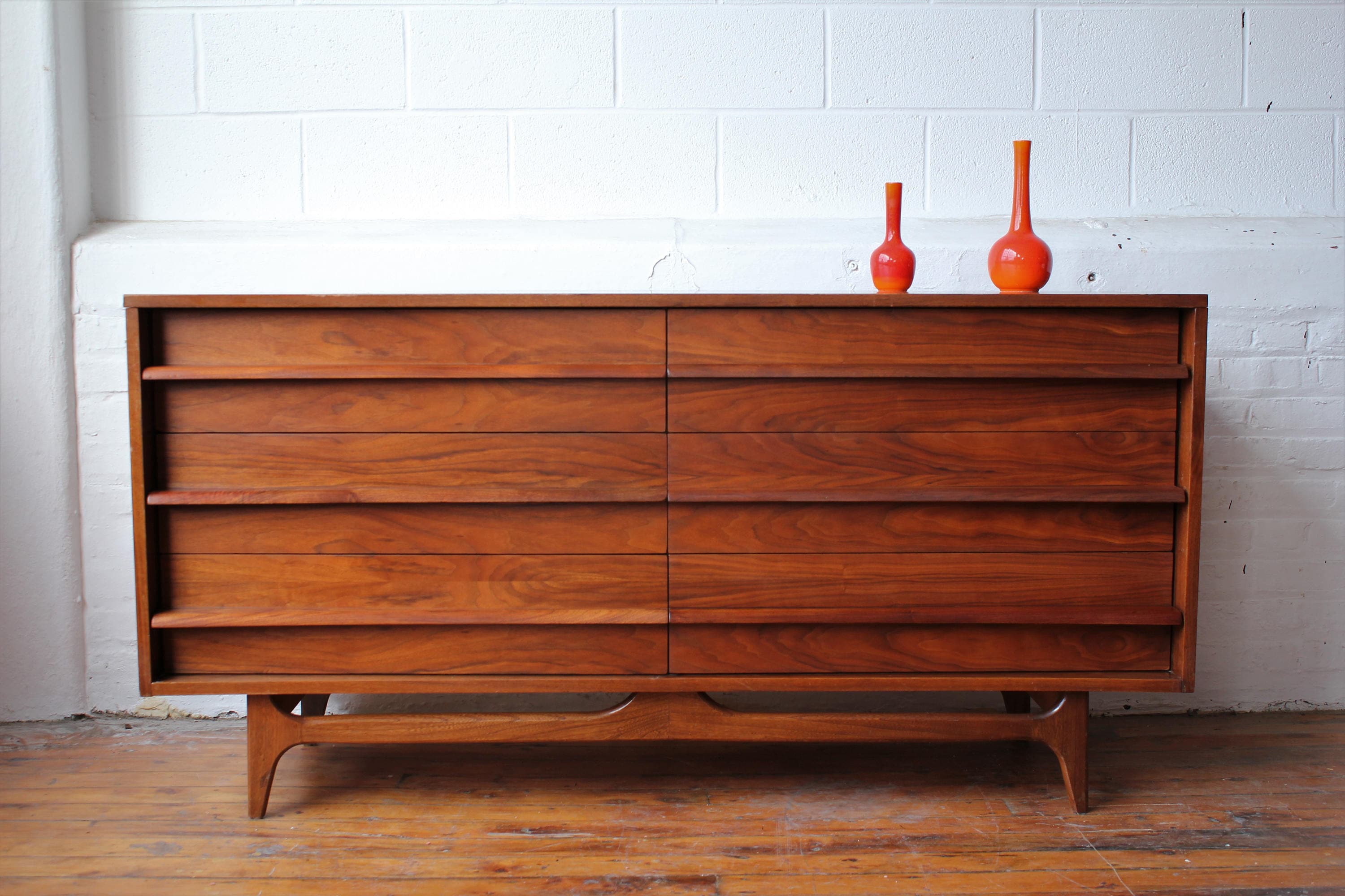 Reserved MCM Walnut BowFront Double Dresser by Young Mfg. Co.