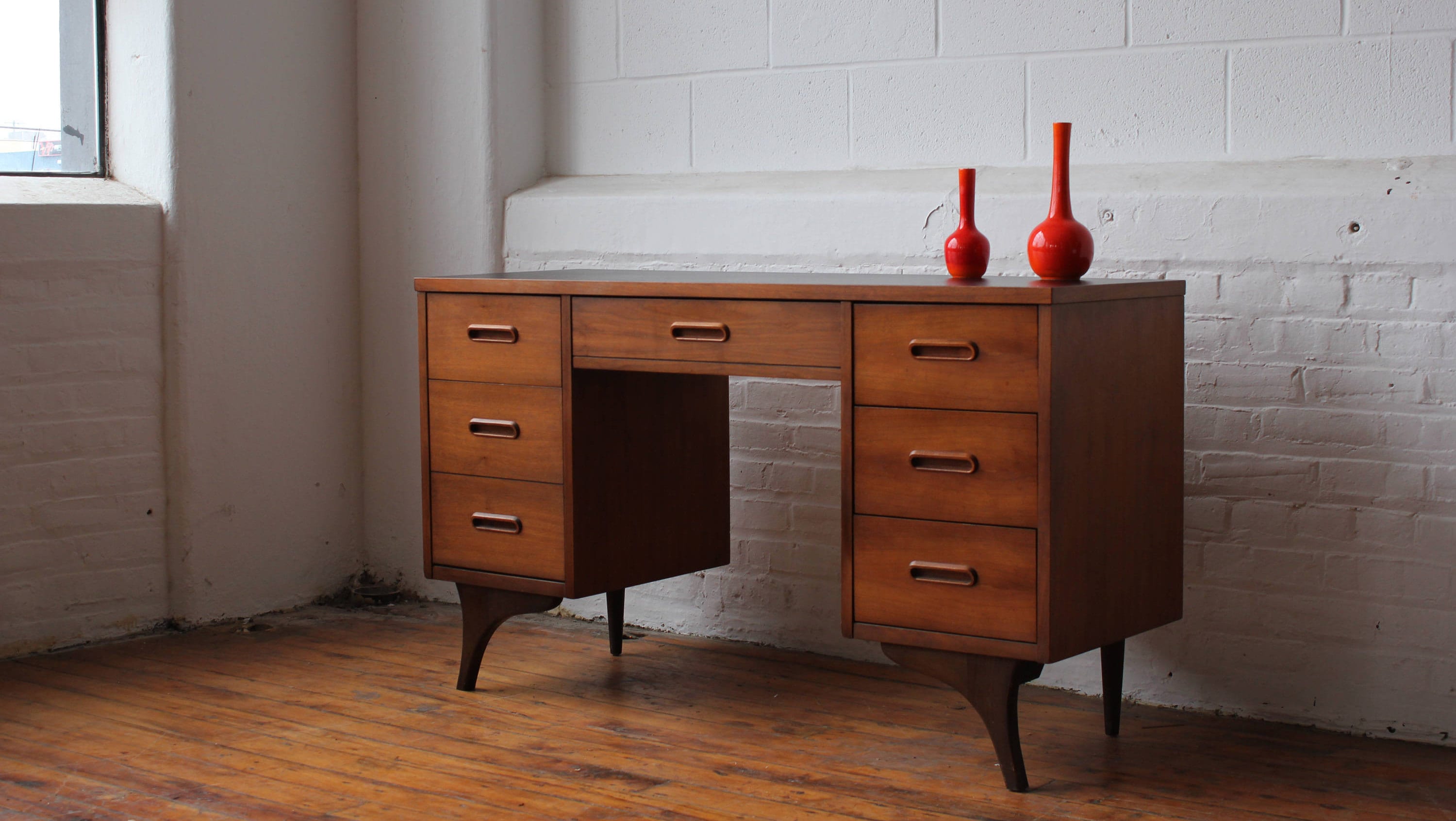 Walnut Black VinylTop Double Pedestal Desk