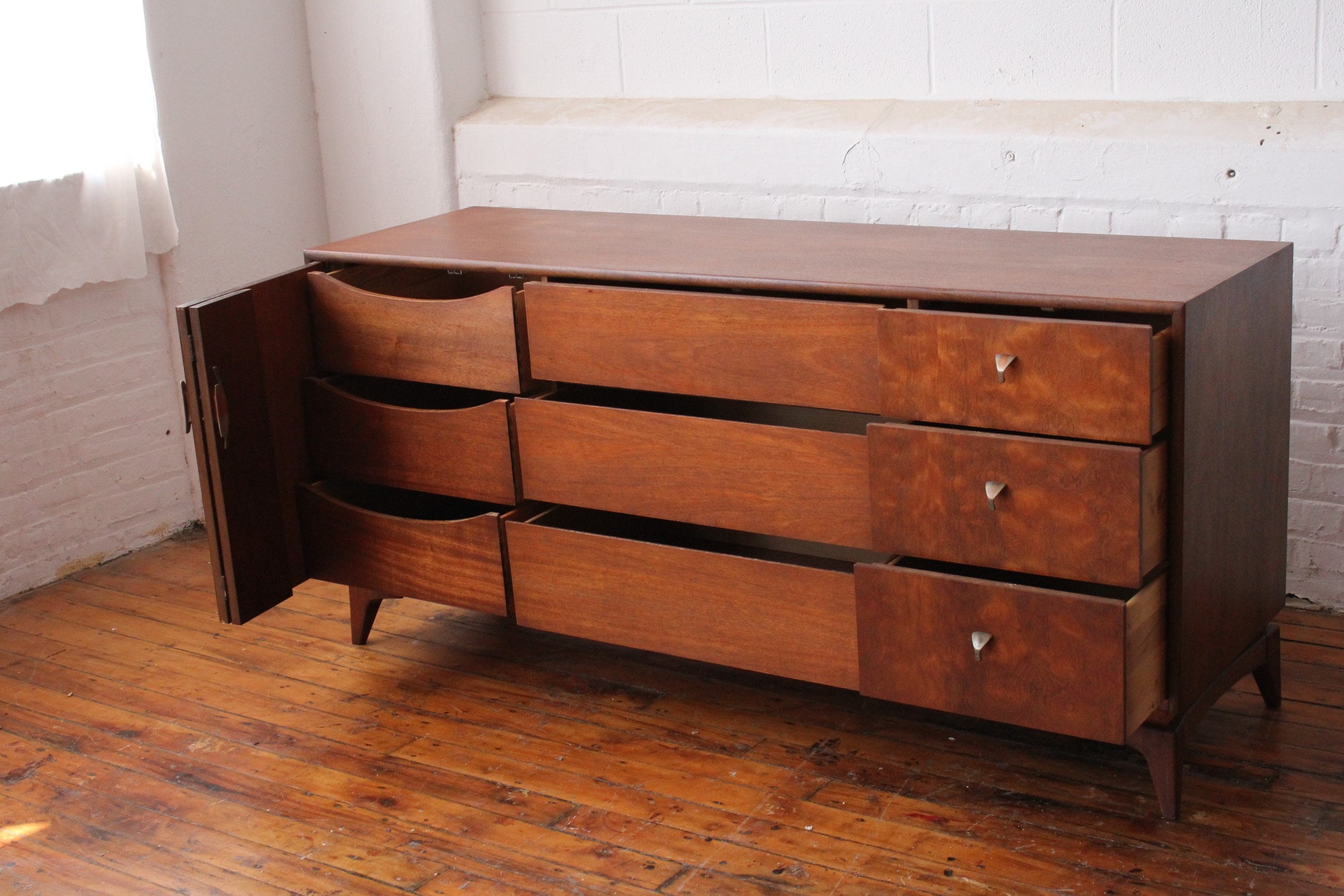 Restored Mid Century Modern Triple Dresser with Nickel Pulls