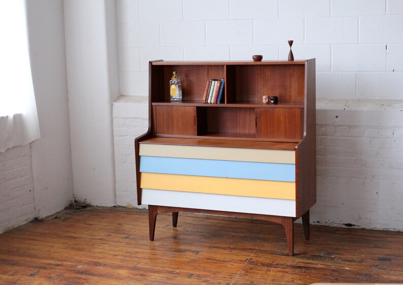 Red Danish Modern Teak Secretary Desk With Tambour Panels And Vanity