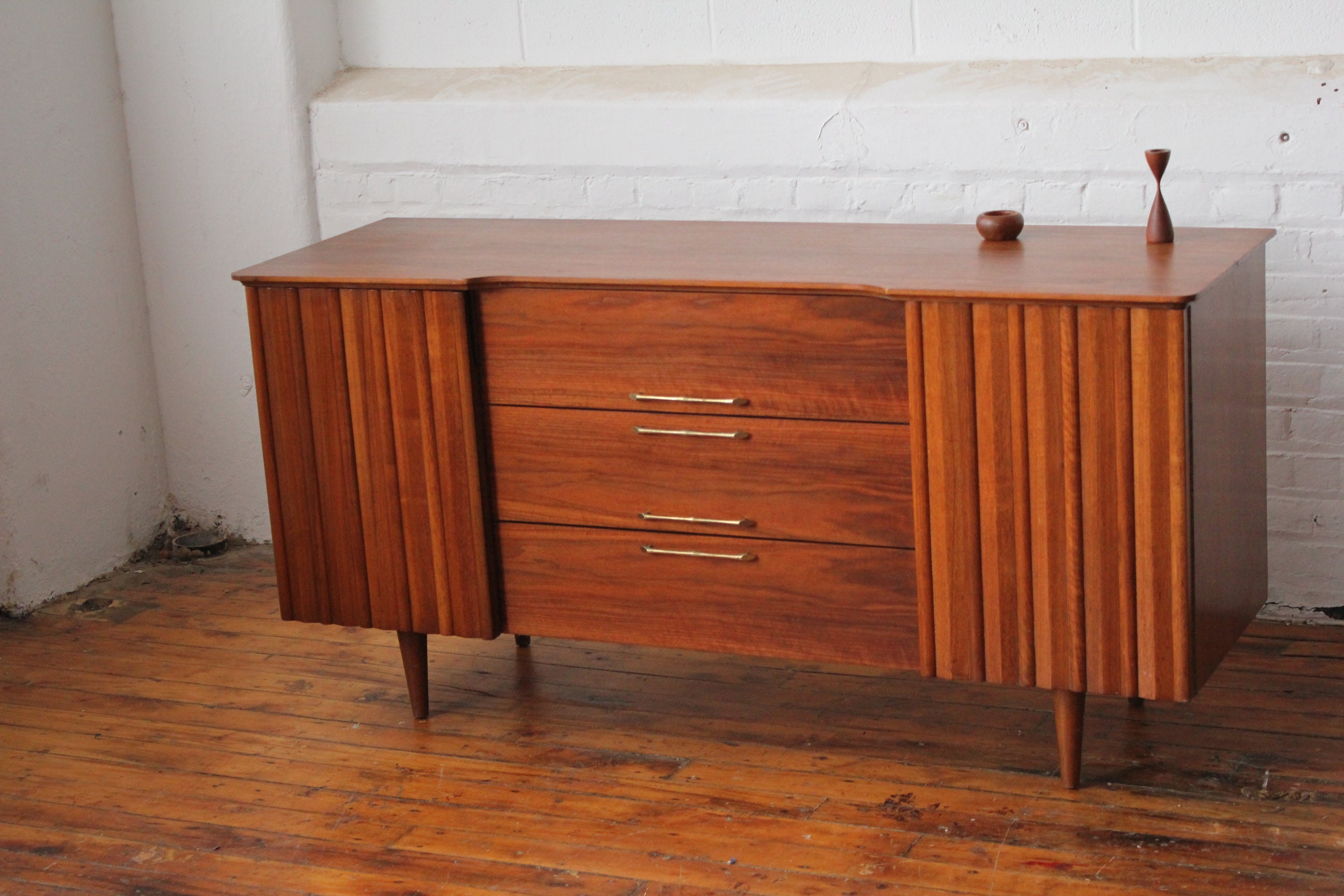Restored Walnut Mid Century Credenza with Brass Bone Pulls
