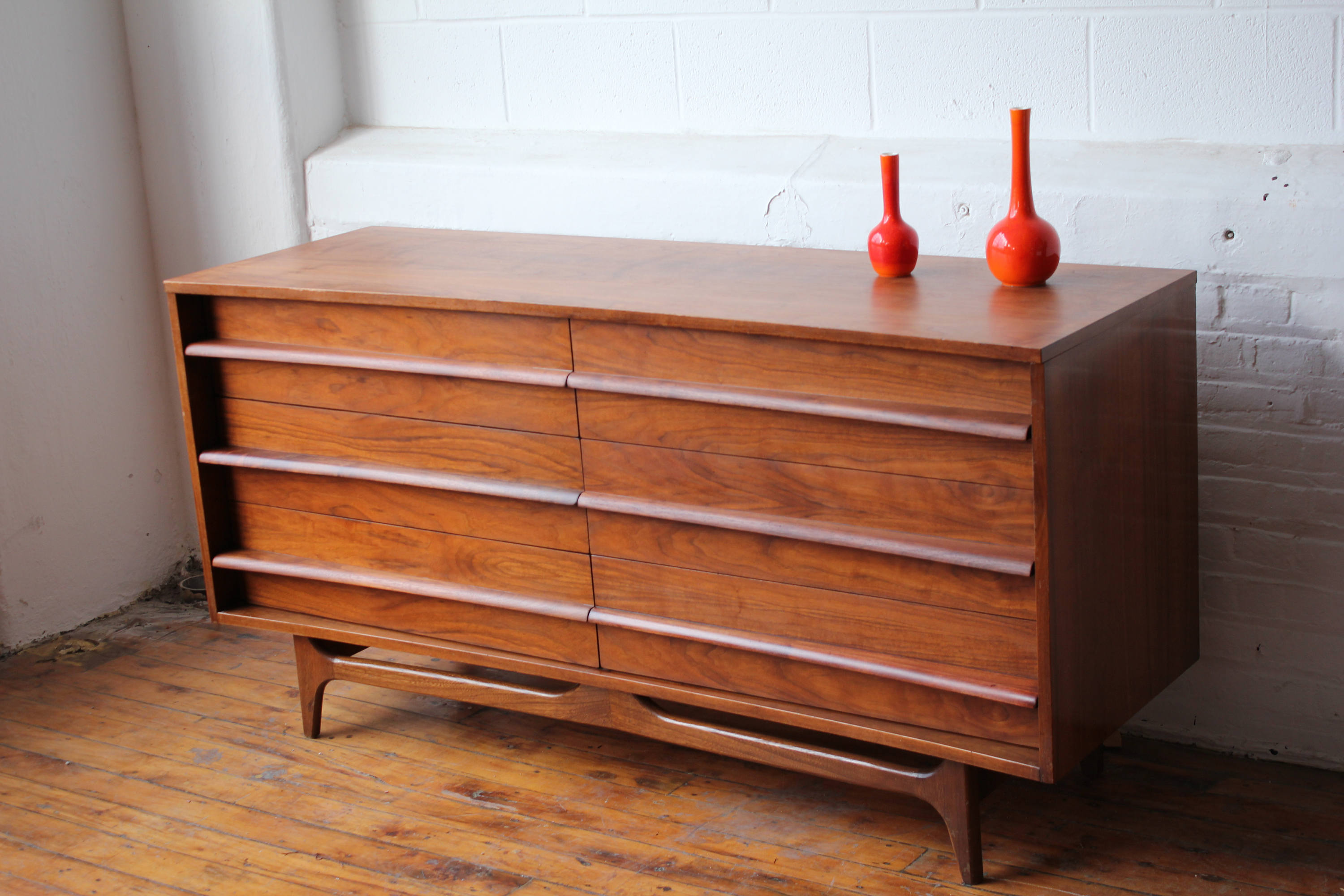 Reserved MCM Walnut BowFront Double Dresser by Young Mfg. Co.