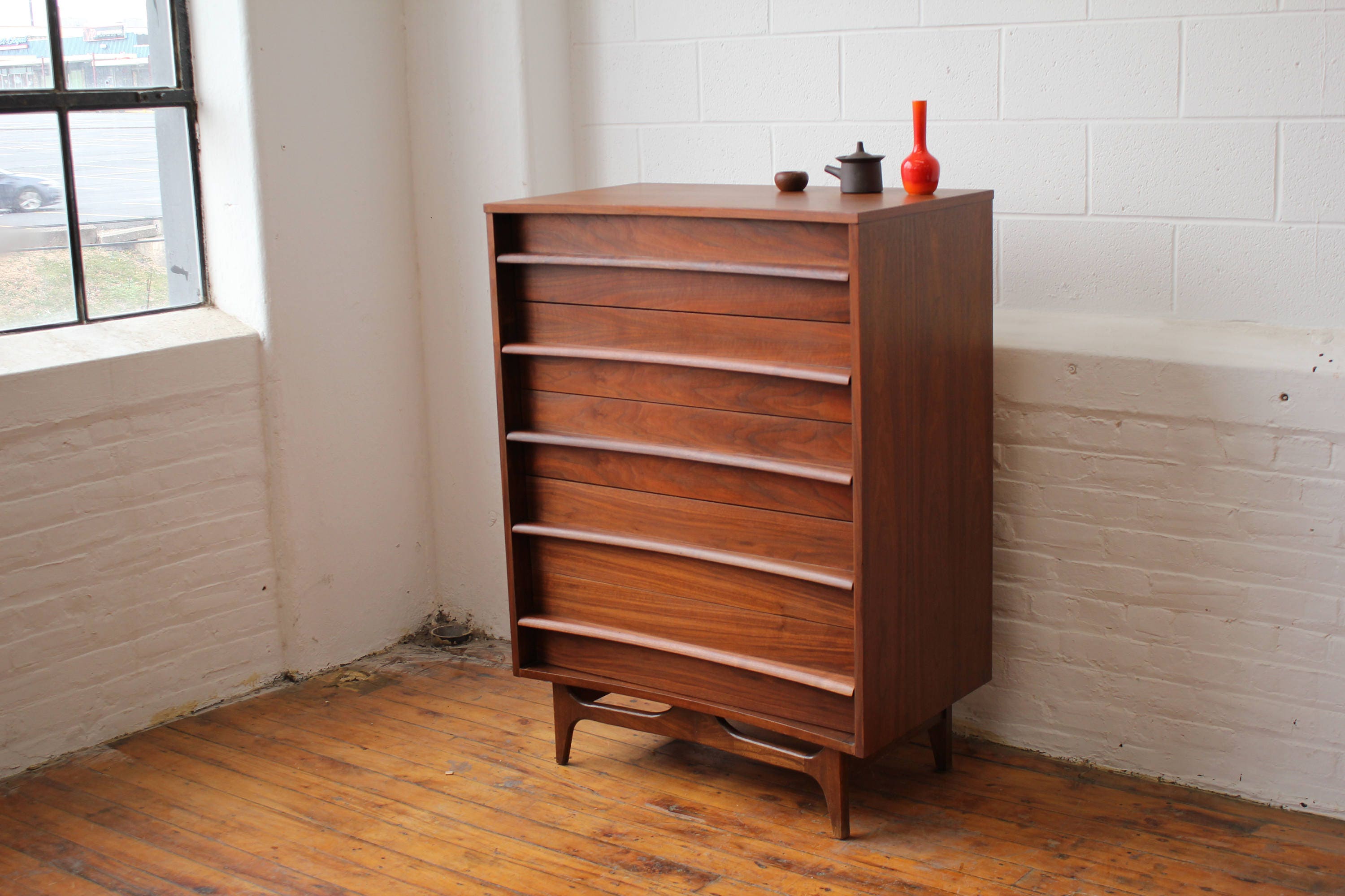 MCM Walnut BowFront Highboy Dresser by Young Mfg. Co.