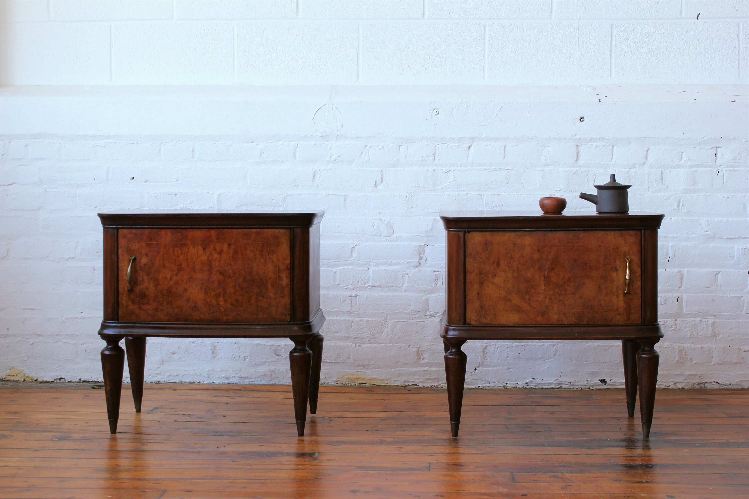 Pair of Italian Modern Burlwood Nightstands