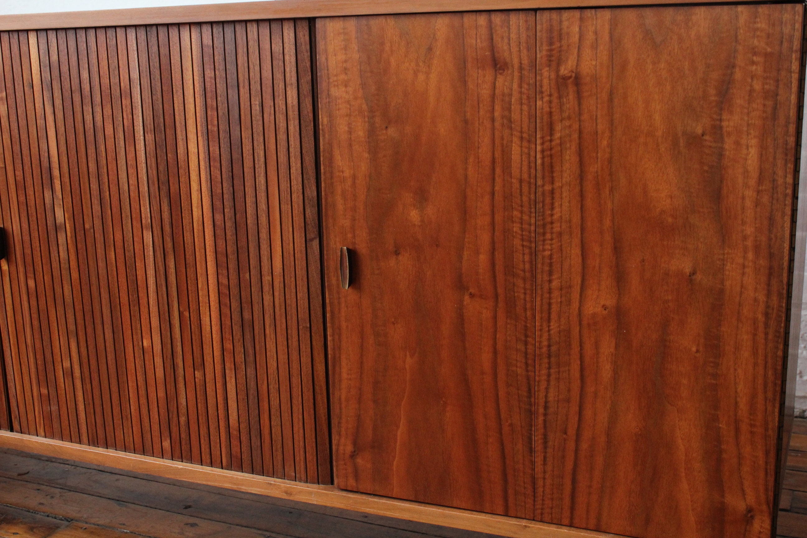 Restored Mid Century Modern Tambour Door Walnut Credenza