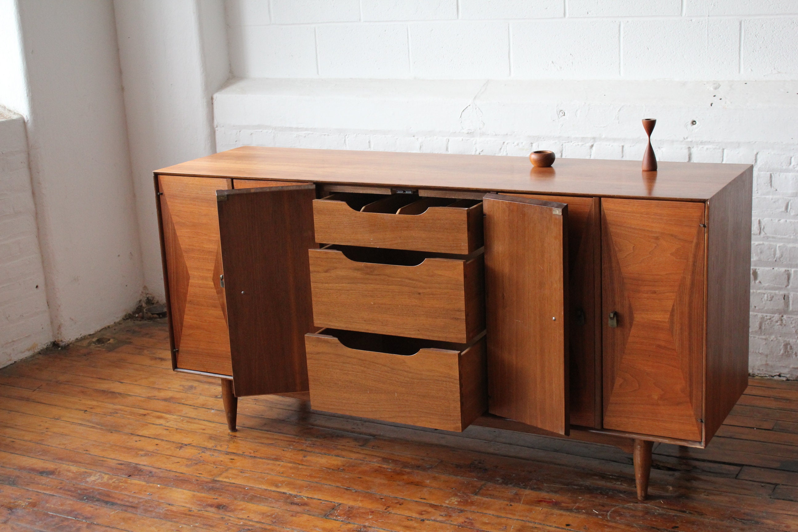 Restored Mid Century Walnut Credenza with Bronze Pulls by Ramseur Furniture