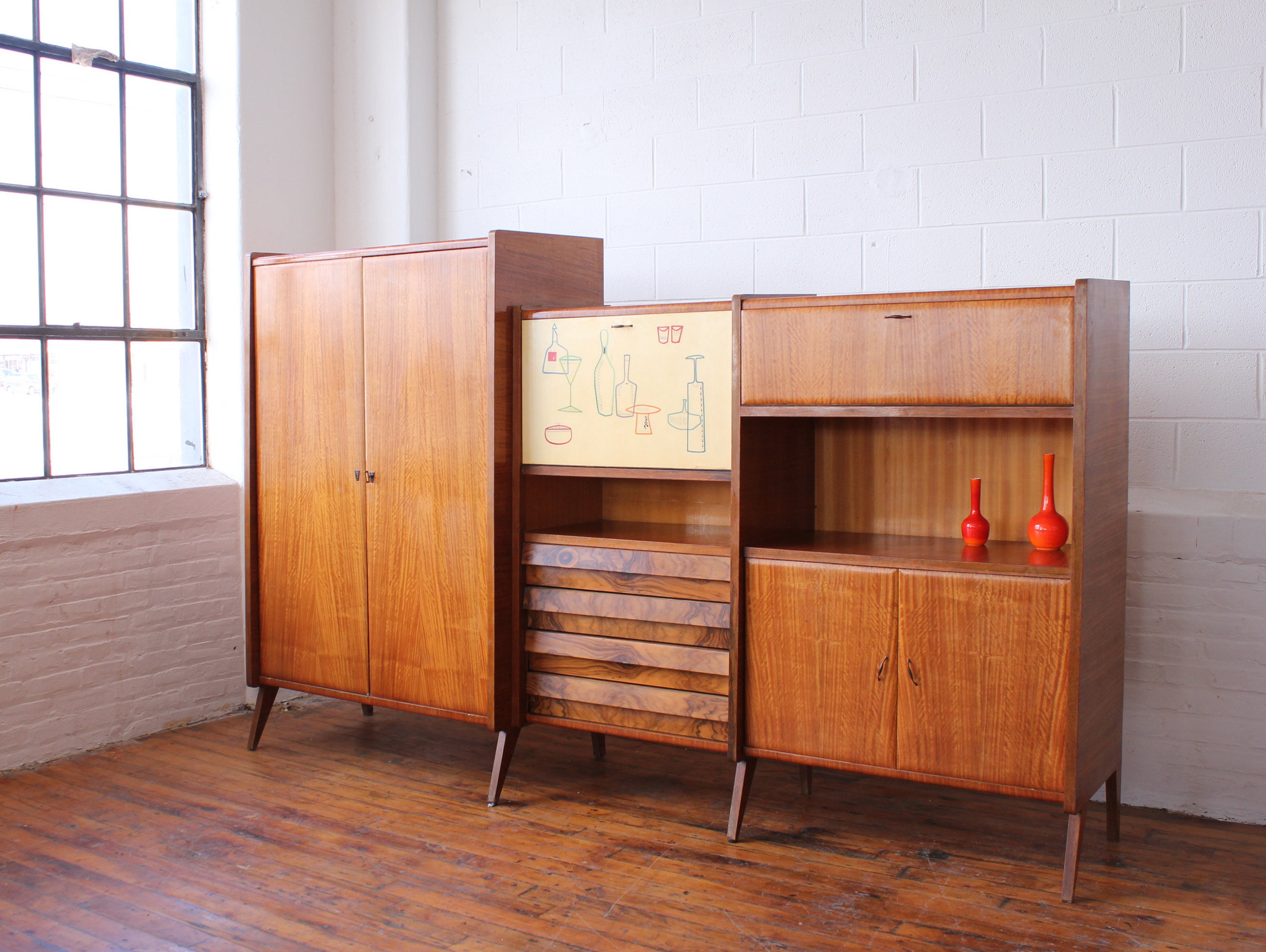 Italian Modern Free Standing Wall Unit with a Drop Front Bar