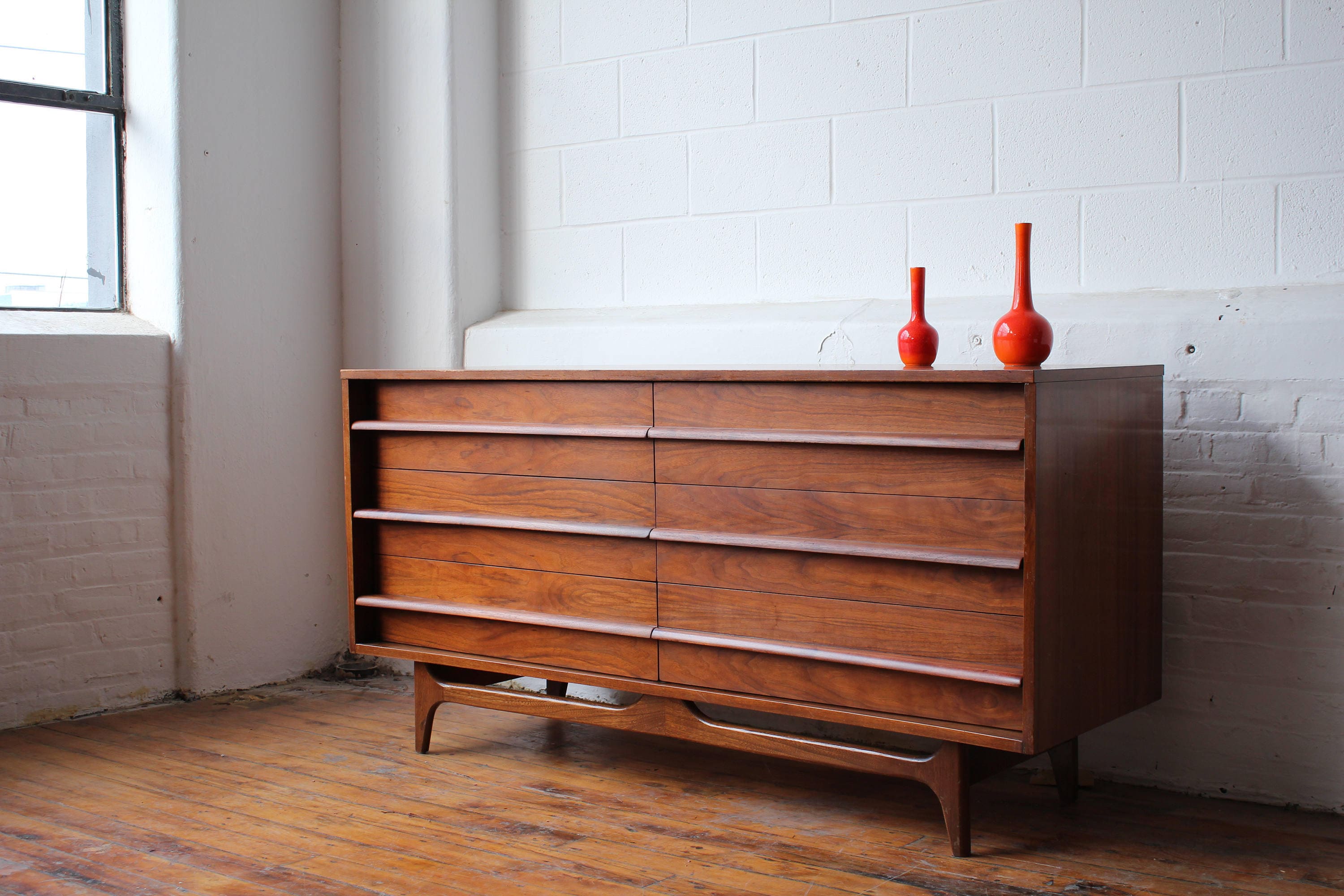 Reserved MCM Walnut BowFront Double Dresser by Young Mfg. Co.