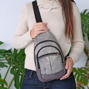 Gray sling bag for women  for everyday, Canvas chest bag and crossbody backpack, Vegan sling backpack purse, Last unit