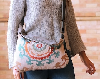 Fabric hobo bag with aztec mandala, Hobo crossbody bag with mandala print, Foldover crossbody bag, Tapestry bag, Option vegan crossbody bag