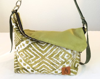 Canvas messenger bag women in lime green african print, Tapestry satchel bag, Canvas crossbody bag women