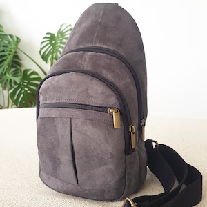 Waxed canvas sling bag for women in rainproof vegan suede, Gray one strap backpack safe travel, Hobo crossbody backpack, Healthy back bag