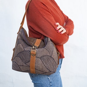 Brown fabric hobo bag convertible backpack, Canvas tote backpack with zipper closure, Very safe travel backpack women convertible bag