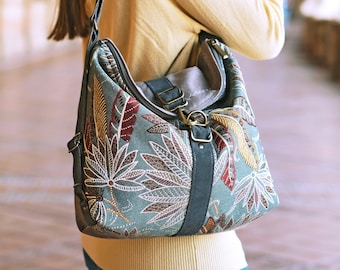 Vintage blue convertible backpack japanese fabric, Floral backpack convertible bag, Slouchy hobo bag back pack purse