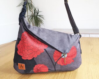 Linen hobo crossbody bag with japanese flowers, Fabric hobo bag with zipper closure, Optional vegan crossbody bag,  Slouch bag, Linen bag