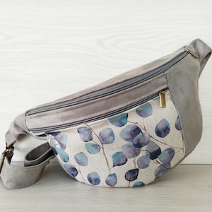 Linen waist bag oversized with blue leaves print, Vegan crossbody bum bag for nature lovers, XL fanny pack for women, Bumbag shoulder bag
