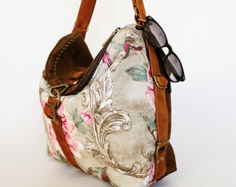 Vintage floral backpack women convertible bag, Slouchy hobo bag convertible backpack, Urban backpack bag, Convertible purse backpack