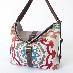 Minimalist canvas backpack women convertible bag, City tote backpack with inca mandala print, Convertible canvas bag and slouchy totepack