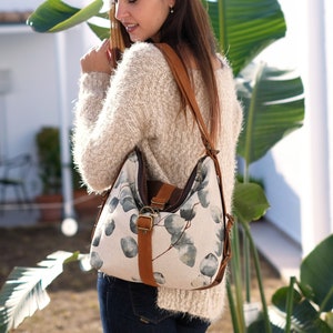 Fabric hobo bag convertible backpack with eucalyptus leaves, Botanical print canvas backpack convertible bag, Boho tote backpack
