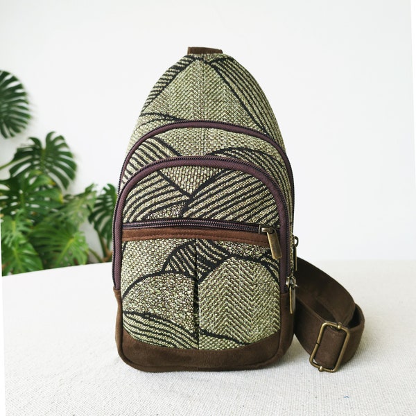 Green slingbag for safe travel, Vegan backpack crossbody multipockets, Canvas sling bag for women tapestry fabric, Chest bag, Bauchtasche