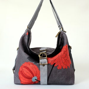 Linen tote bag convertible backpack with japanese fabric, Slouchy hobo bag with zipper, Urban convertible bag tote pack