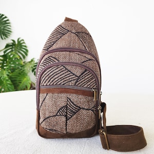 Brown sling backpack, Fabric slingbag for safe travel, Crossbody sling bag for women, Bauchtasche, Healthy back bag, Chest bag