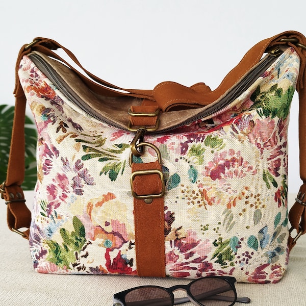 Blumen Canvas Rucksack Wandelbare Tasche, Wandelbarer Rucksack zu Stoff Hobo Tasche, Stadtrucksacktasche mit impressionistischen Blumen