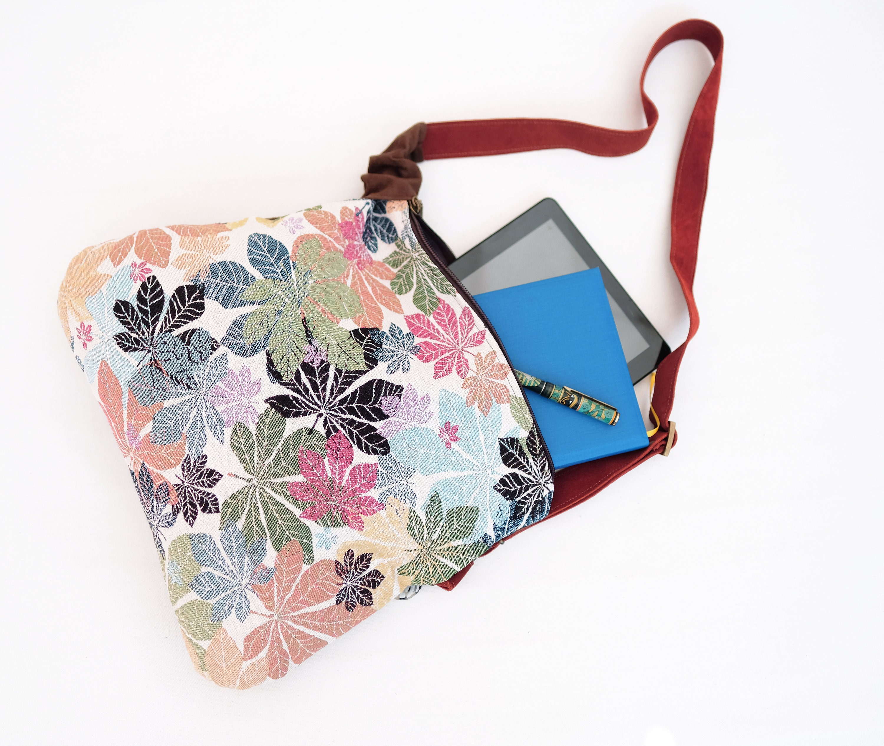Soft Hobo Bag Crossbody With Colorful Leaves, Canvas