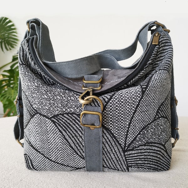 Sac hobo convertible en tapisserie douce pour femme, sac à dos fourre-tout bleu avec sac convertible à fermeture éclair, sac à dos convertible en sac souple