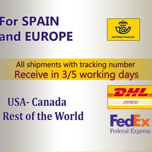 Shipments to Spain and Europe will be sent by Certified Mail.
Shipments to other countries will be with DHL Express or FedEx, depending on destination.
All shipments are free and with tracking number.