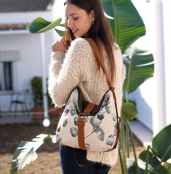 Sac hobo convertible en tissu avec feuilles d'eucalyptus, sac convertible  en toile à imprimé botanique, sac à dos bohème -  France