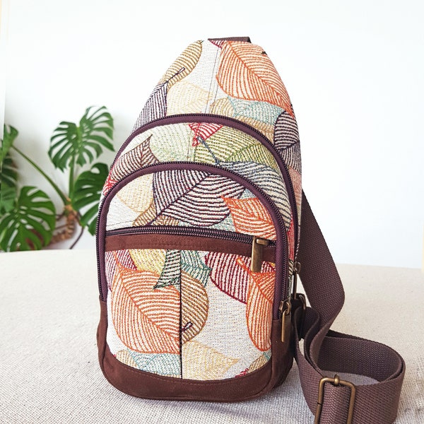 Canvas sling bag for women with colorful leaves, Crossbody sling bag, Vegan sling backpack crossbody, Slingbag and vegan crossbody bag
