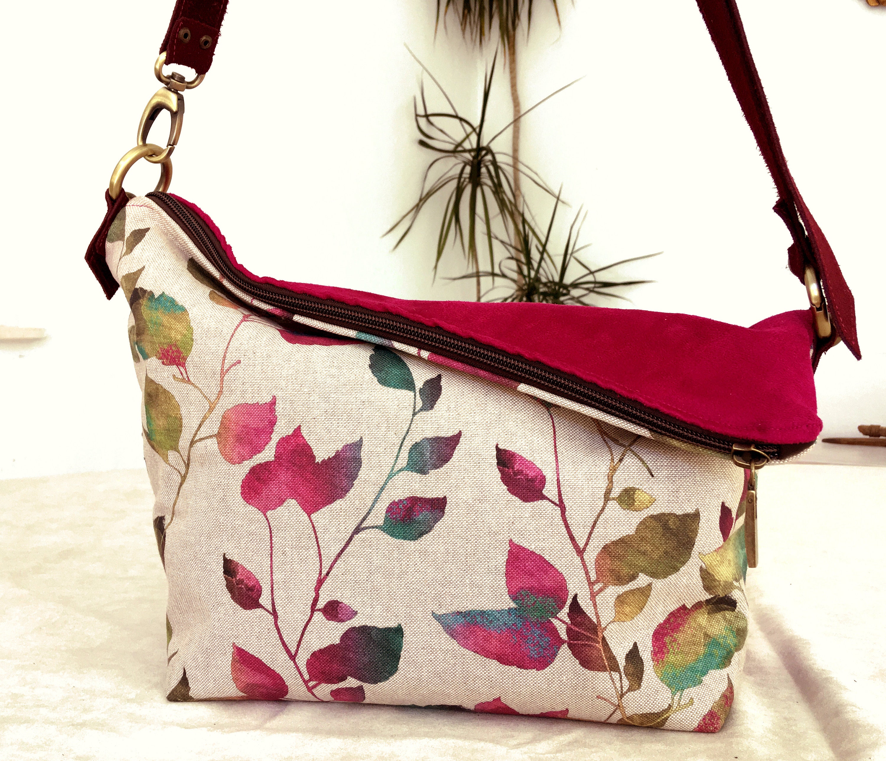 Minimalist cross body bag in jute print autumn leaves Canvas Etsy