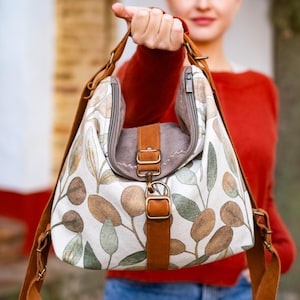 Brown convertible backpack purse with colorful leaves, Souchy hobo bag convertible city backpack, Botanical canvas rucksack convertible bag