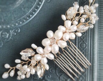 White wedding Bridal hairpiece Freshwater pearls Something blue small hair comb Decorative flower comb