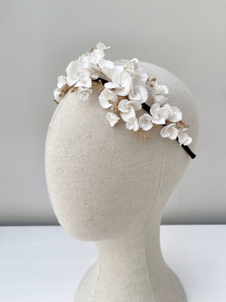 Clay flowers tiara, floral headpiece, bridal headpiece, Bridal headband, Silver, Gold, Rose Gold,Bridal Accessory image 6