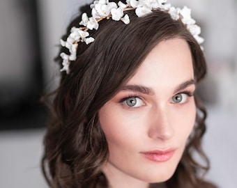 Clay flowers tiara, floral headpiece, bridal headpiece, Bridal headband, Silver, Gold, Rose Gold,Bridal Accessory