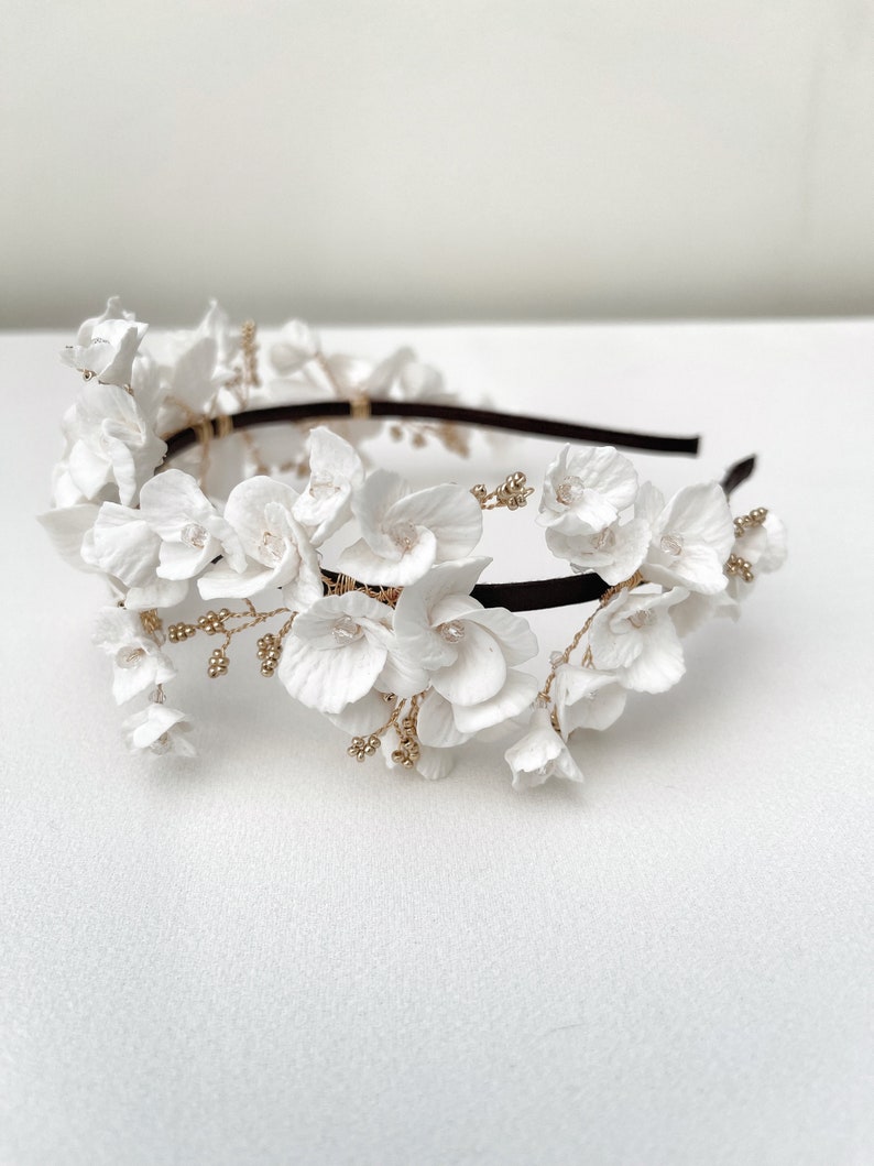 Clay flowers tiara, floral headpiece, bridal headpiece, Bridal headband, Silver, Gold, Rose Gold,Bridal Accessory image 2