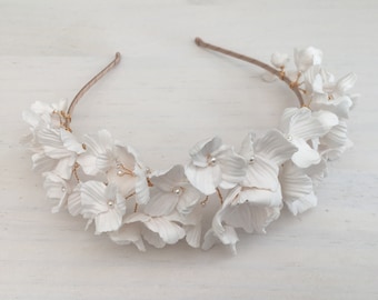 Clay flowers tiara, floral headpiece, bridal headpiece, Bridal headband, Silver, Gold, Rose Gold,Bridal Accessory